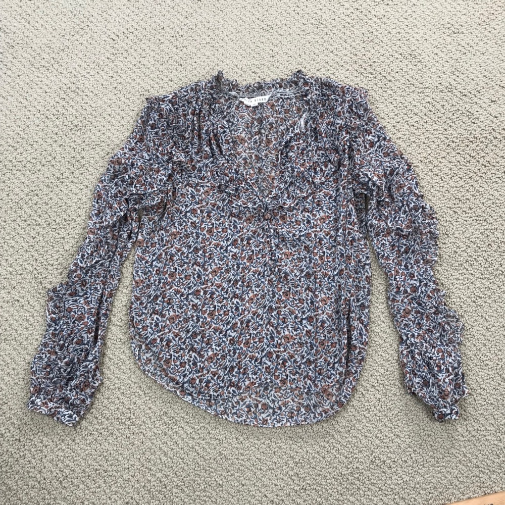 Veronica Beard Floral Ruffle Silk Blend Blouse Blue Terracotta Boho Top Size 6
